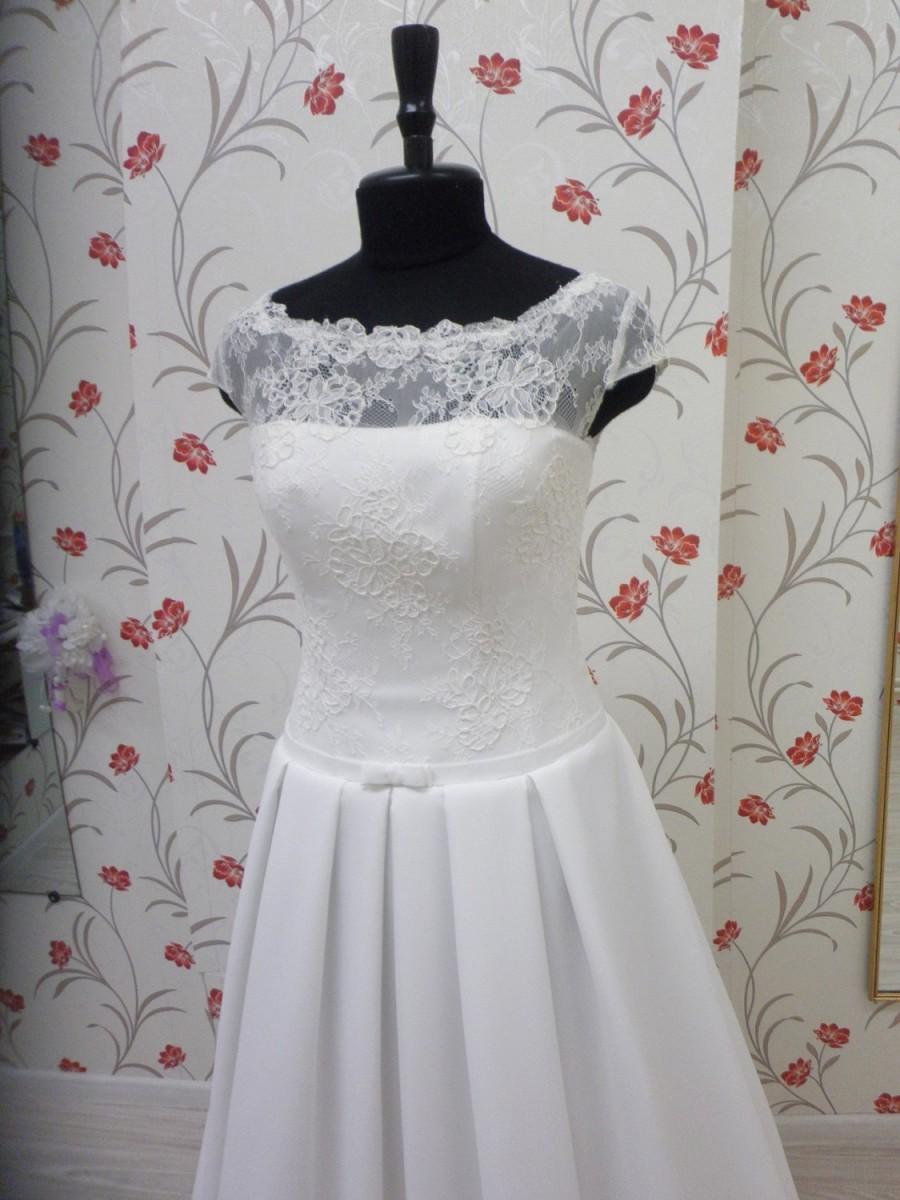 Hochzeit - Vintage Inspired A-Line Minimalistic Chiffon Wedding Dress with Illusion Neckline, Lace Corset, Open Back, Belt with Little Bowtie