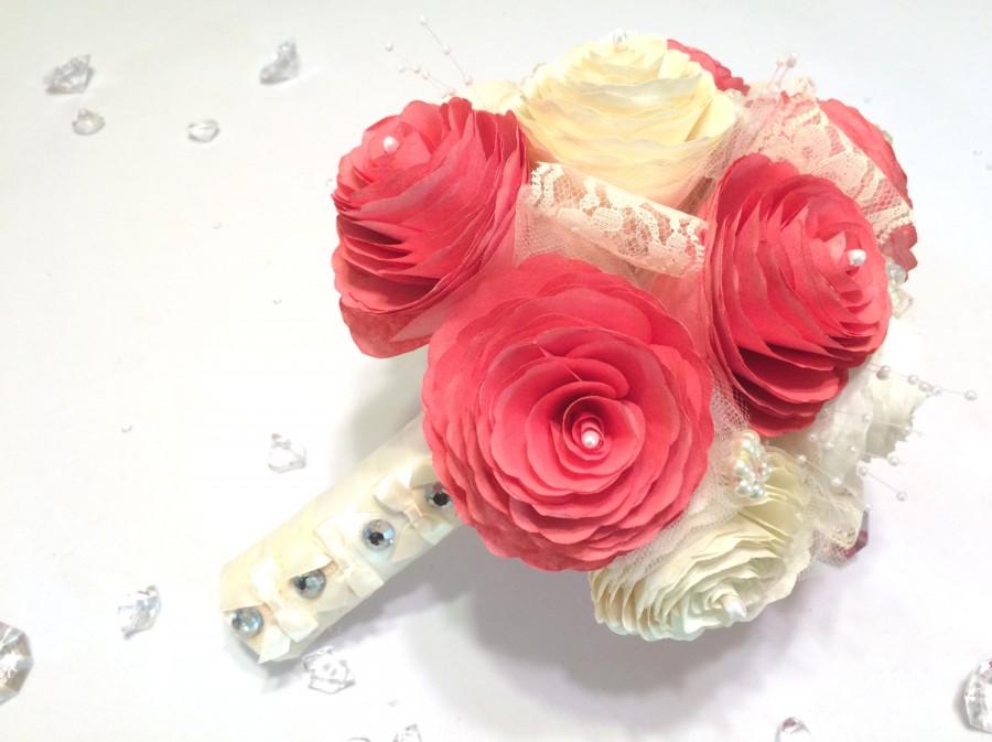 Hochzeit - Bridal bouquet shown in ivory & red handmade paper peonies, 3 sizes to choose, Wedding bouquet, Shabby chic bouquet, Alternative bouquet