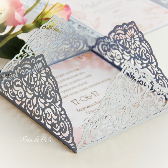 Wedding - Wedding invitation Card Template Four-fold filigree envelope 5x5'' (svg, dxf, ai, eps, cdr) laser die cut Pattern Silhouette Cameo Cricut