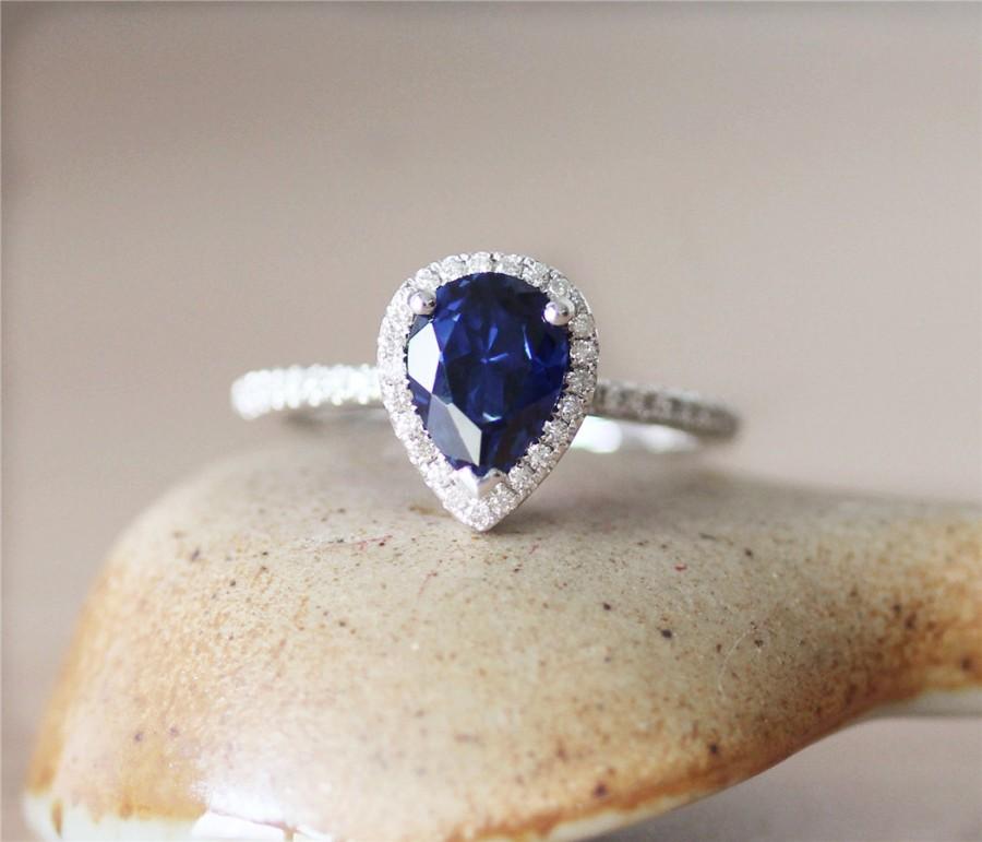 Свадьба - 14K White Gold Ring*6*8mm Sapphire Ring*Pear Cut Sapphire Wedding &Engagement Ring*Promise Ring*Anniversary Ring*Gemstone Ring