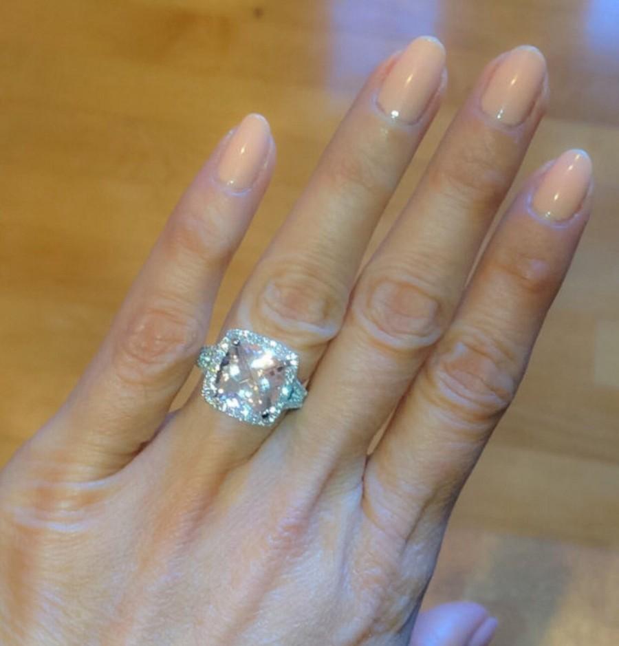 Mariage - Pink Morganite Engagement Ring 10mm Cushion Cut Center Natural 2.05ct Diamonds Platinum Halo Diamond Anniversary Ring Pristine Custom Rings