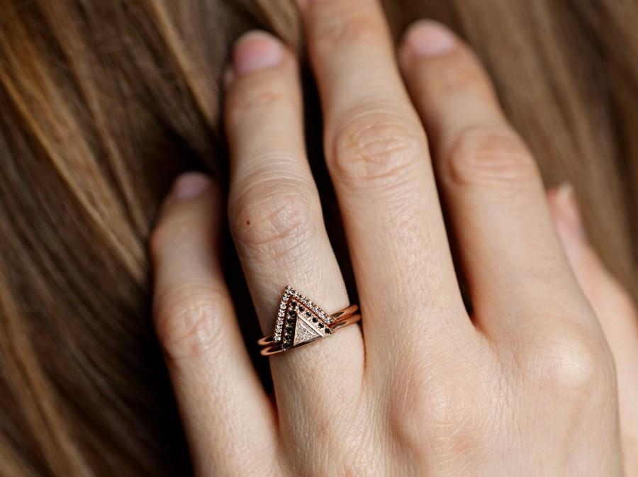 Wedding - Diamond Ring Set, Modern Engagement Ring Set, Trillion Diamond Ring with Pave Diamond V Ring, Black Diamond White Diamond Ring Set
