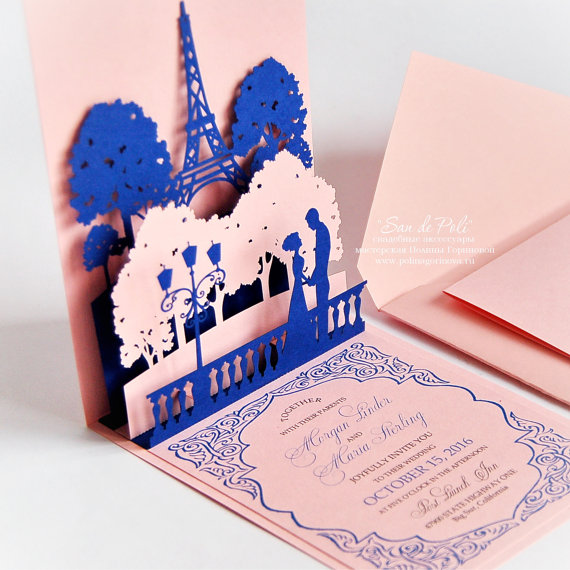 زفاف - Pop-up Wedding invitations Lovers of Paris Eiffel Tower Card Template cutting file C117 svg, dxf, pdf laser cut pattern Cricut Cameo