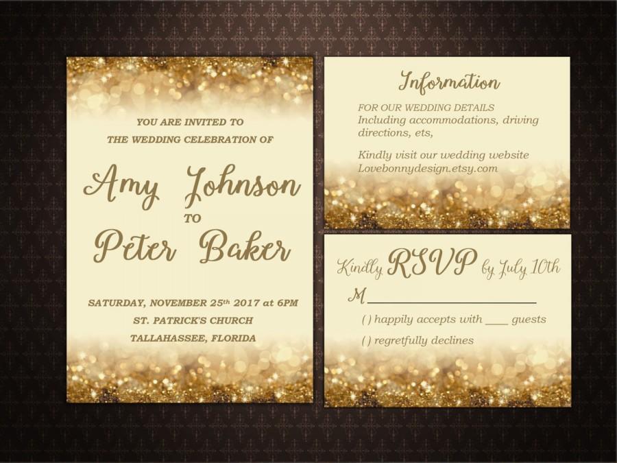Mariage - Gold Glitter Wedding Invitation Set Printable, Wedding Invitation, Digital File, Invitación de la boda, code-016