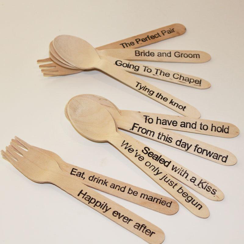 Wedding - Wooden Forks and Spoons, 36 Wedding Wooden Cutlery, Hand Stamped Words, Bridal Shower, Engagement Party, Reception Buffet, Cocktail Party