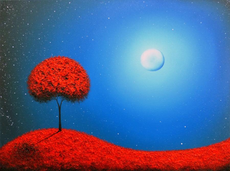 Свадьба - Blue Night Landscape, Red Tree Art Print, Photo Print of Red and Blue Landscape with Moon, Contemporary Art, Abstract Art Tree at Night