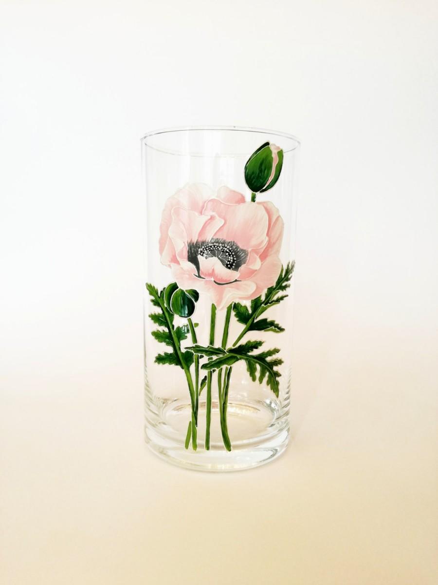 Wedding - Birthday Gift for Women Hand painted Flower Vase Stained Glass Home Decor Gift Idea for Her Tabletop Decor Decorative Small Vase Pink Poppy