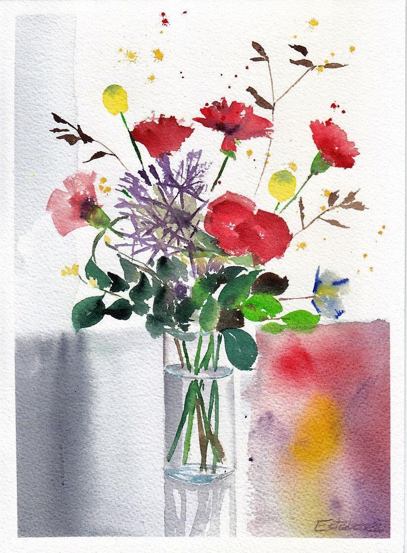 Mariage - Original Watercolor Artwork "Flowers in a Vase", 10,6 x 7,5 in. (27 x 19 cms.) plus margins,  140 lb watercolor paper ARCHES cotton 100%.