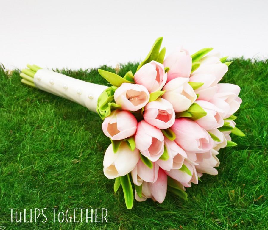 Hochzeit - Pink Real Touch Tulip Wedding Bouquet - Ready for Quick Shipment 2 Dozen Tulips Customize Your Wedding Bouquet - Bridal Bridesmaid Bouquet