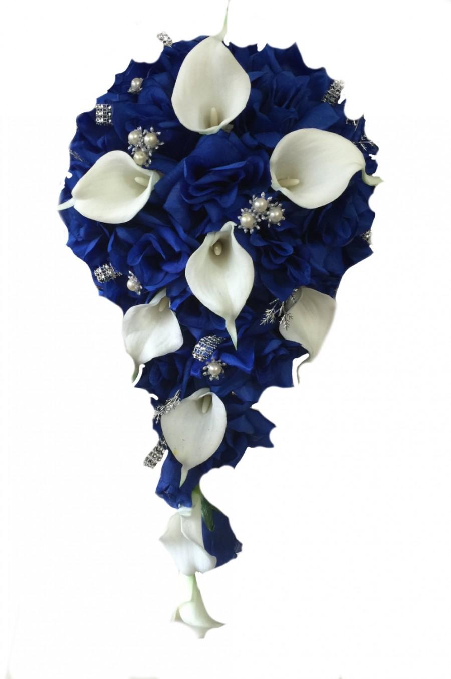 Hochzeit - Cascade Bouquet - Royal Blue Roses and Real Touch Calla Lily with Silver Accents
