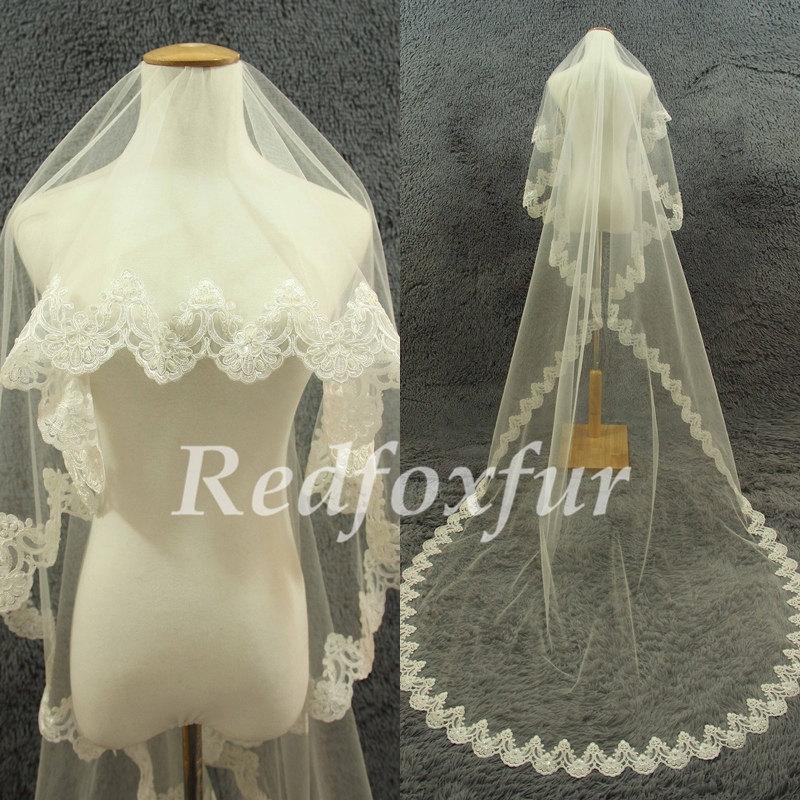 زفاف - 1 Tier Cathedral Veil,Ivory Wedding dress veil,Hand-beaded Veil,Lace edge veil,Bridal Veil,Wedding Accessories