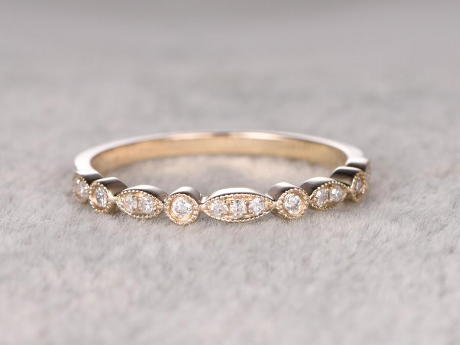 زفاف - Natural Diamonds,Half Eternity Wedding Ring,14K Yellow gold,Anniversary Ring,Art deco Antique Marquise,stackable ring,milgrain,Matching band