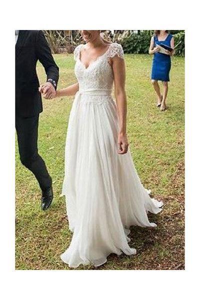 Mariage - V-neck A-line Cap Sleeves Lace Ivory Chiffon Beach Wedding Dress,N09