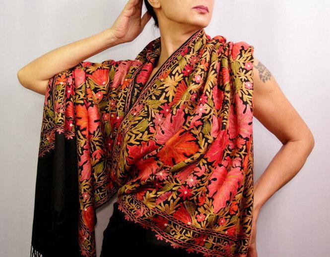 Wedding - Black Pashmina, Stole, Shawl Wrap, Pashmina Scarf, Bridal Silk Shawl, Multicolor, Pure Silk Embroidery, Floral Shawl, Winter Gift For Her