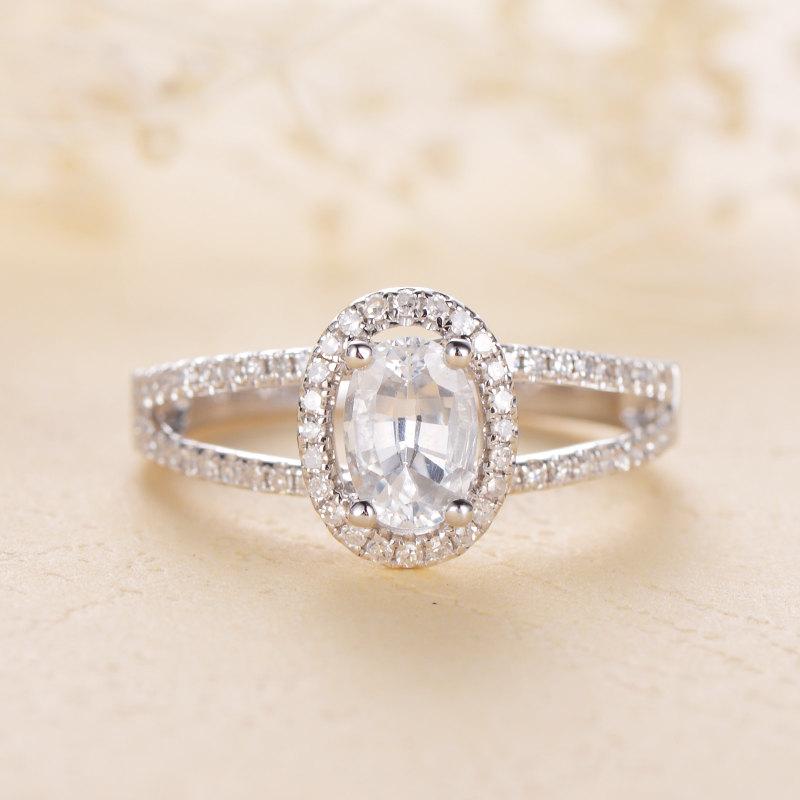 زفاف - Halo Engagement Ring Oval Cut White Sapphire White Gold Bridal Set Wedding Rings Mirco Pave Diamond Ring Bridal Ring Set Anniversary Promise