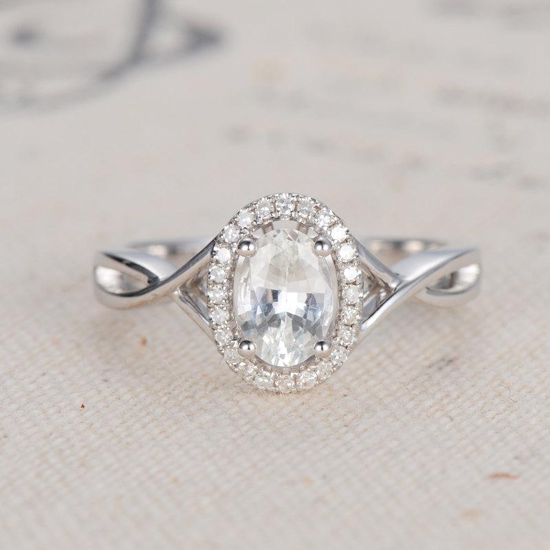 Hochzeit - Unique Engagement Ring Oval Cut White Sapphire Halo Diamond Ring White Gold Infinity Anniversary Promise Wedding Ring Antique Bridal Twist