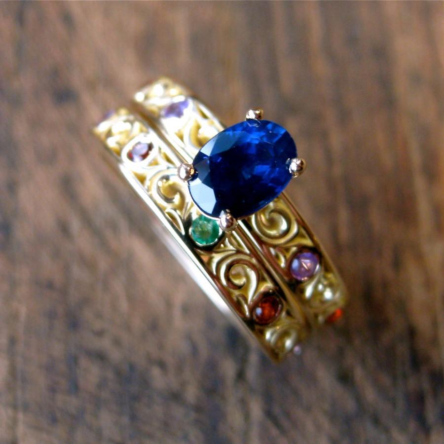 Hochzeit - Blue Sapphire Engagement & Wedding Ring in 18K Yellow Gold with Colored Birthstones Emerald Amethyst Garnet Size 9