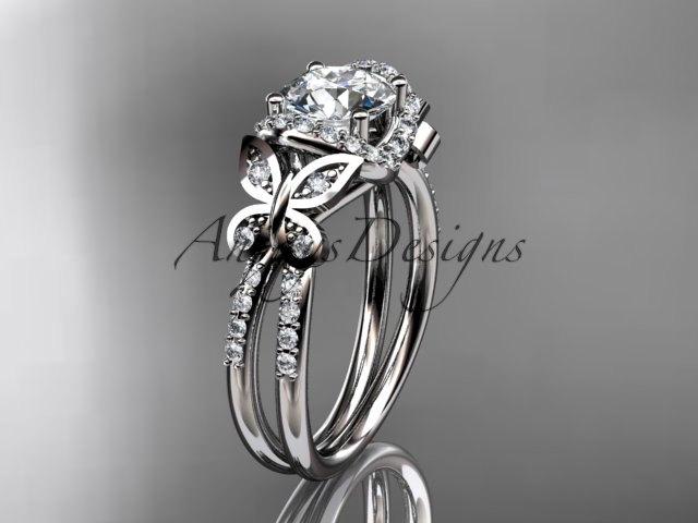 Wedding - Platinum diamond butterfly wedding ring, engagement ring with a "Forever One" Moissanite center stone ADLR141