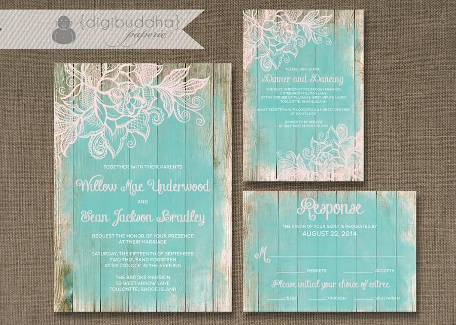 Свадьба - Lace Wood Wedding Invitation 3 Piece Suite Reception Response RSVP Chic Beach Aqua DIY Digital or Printed - Willow Style