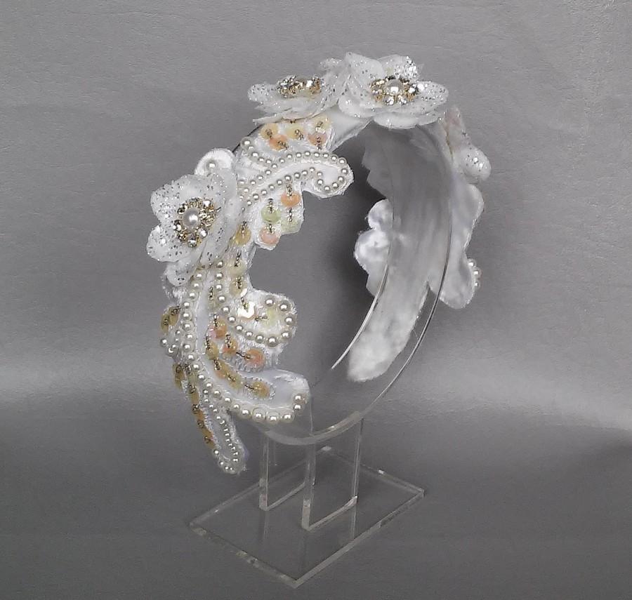 Hochzeit - Bridal Headband-White Bridal Headband-Pearl Alencon Lace Headband-Sequin Headband-Glitter Flower Headband
