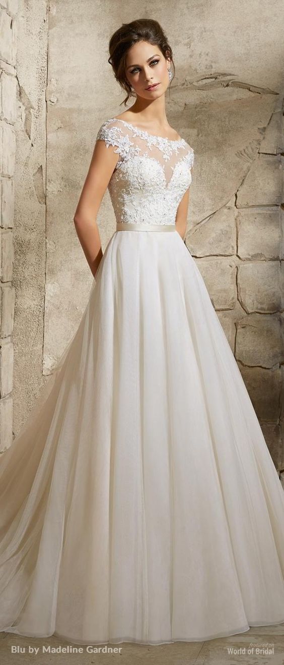 زفاف - Gallery: A-line Tulle Wedding Gown. Embroidered Floral Appliques Embellished With Crystals Cover The Feminine Bateau Illusion Wedding Dress
