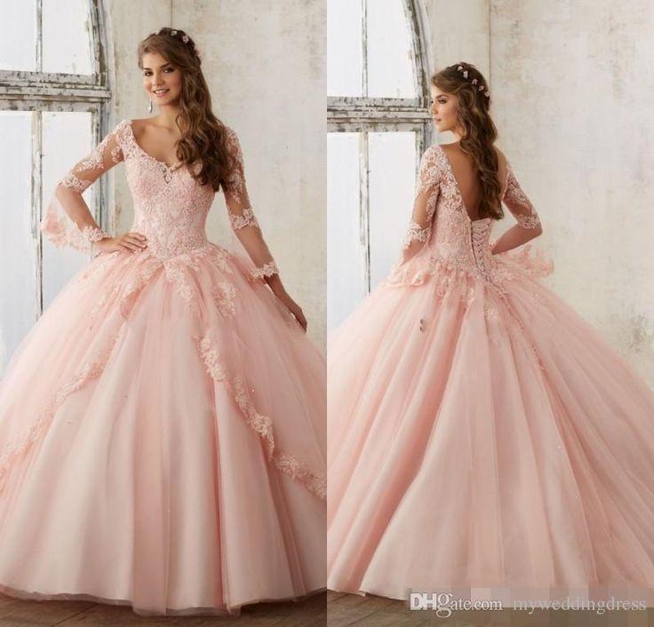 زفاف - Baby Pink Blue Quinceanera Dresses 2017 Lace Long Sleeve V Neck Masquerade Ball Dresses Sweet 16 Princess Pageant Dress For Girls Cheap Inexpensive Quinceanera Dresses La Quinceanera Dresses From Myweddingdress, $162.8