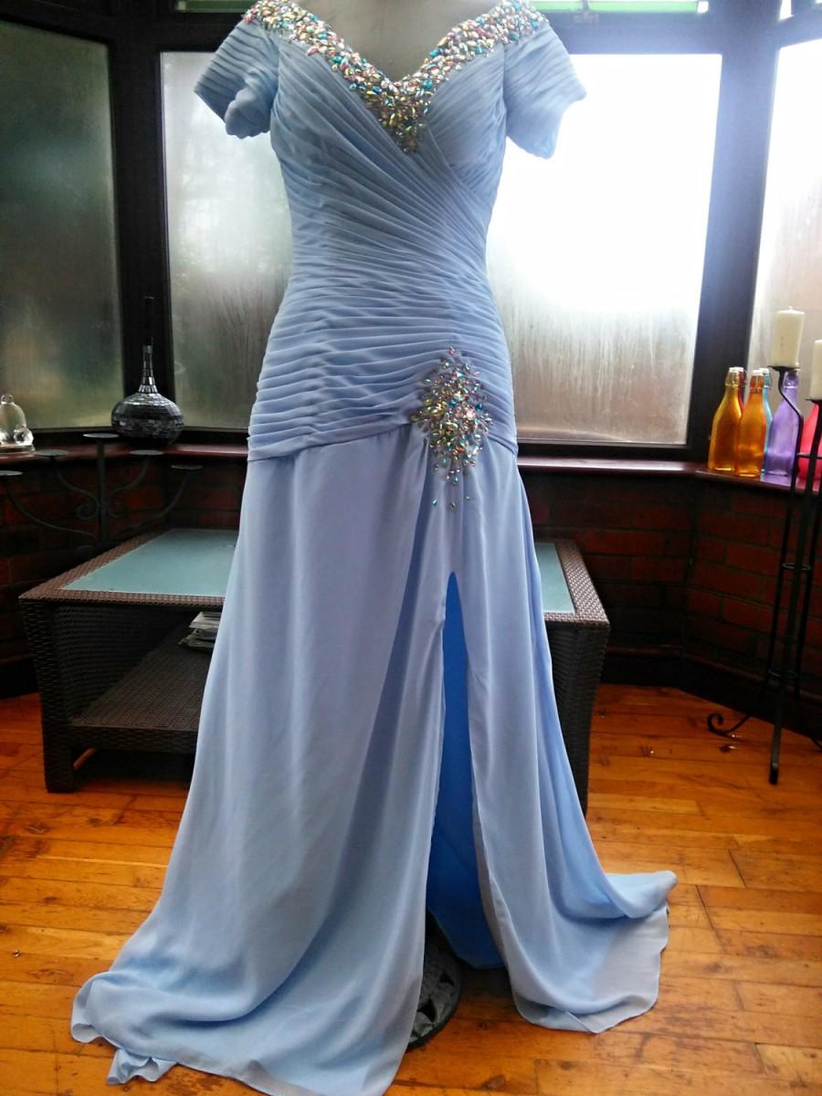 Hochzeit - Vintage Blue organza jewelled sequined ballgown bridesmaid prom special occasion dress grecian style boned corset top pleated bodice