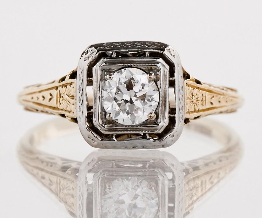 زفاف - Antique Engagement Ring - Antique 1920s 14k Yellow & White Gold Filigree Diamond Engagement Ring