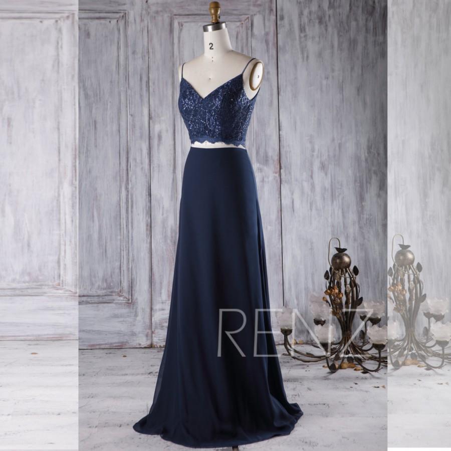 زفاف - 2017 Navy Bridesmaid Dress, V Neck Wedding Dress, Two Piece Prom Dress, A Line Chiffon Maxi Dress Backless Floor Length (H312)