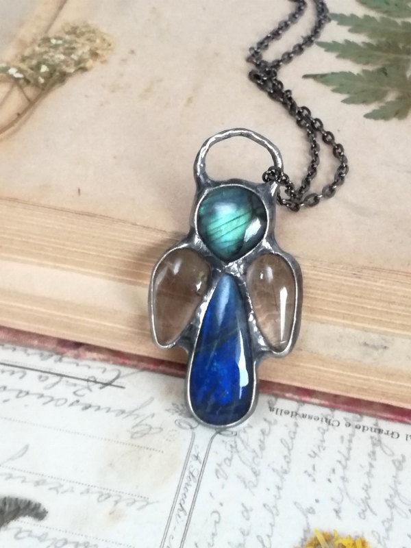Hochzeit - ANGEL Labradorite necklace, rutile quartz pendant, Boho Necklace,Spiritual jewelry,Blue green Shine Labradorite, Stylish Jewelry