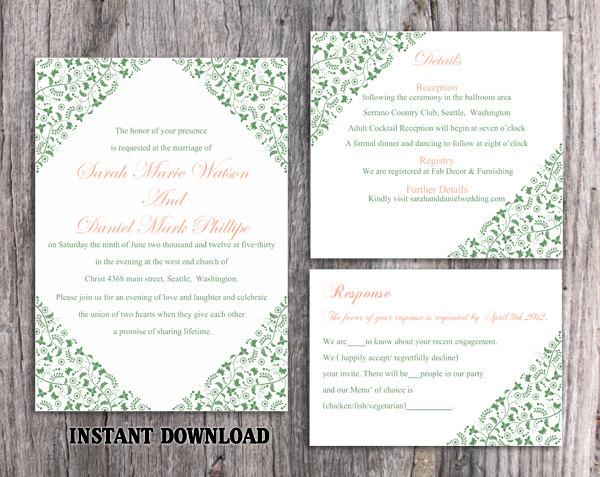 Hochzeit - Wedding Invitation Template Download Printable Wedding Invitation Editable Invitation Green Invitation Elegant Floral Wedding Invitation DIY - $15.90 USD