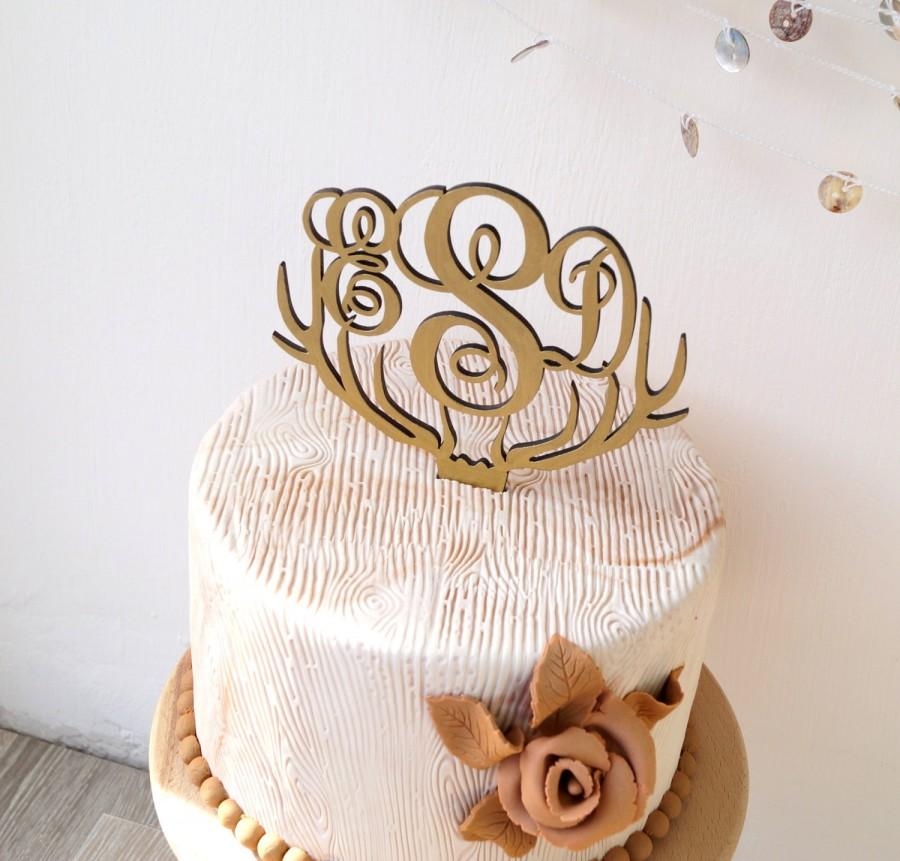 Hochzeit - Monogram wedding cake topper, deer antler cake topper, rustic wedding cake topper, wooden antler cake topper