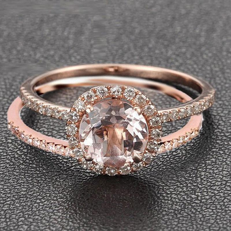 زفاف - Limited Time Sale 1.50 carat Round Cut Morganite and Diamond Halo Bridal Wedding Ring Set in Rose Gold: Bestselling Design Under Dollar 300