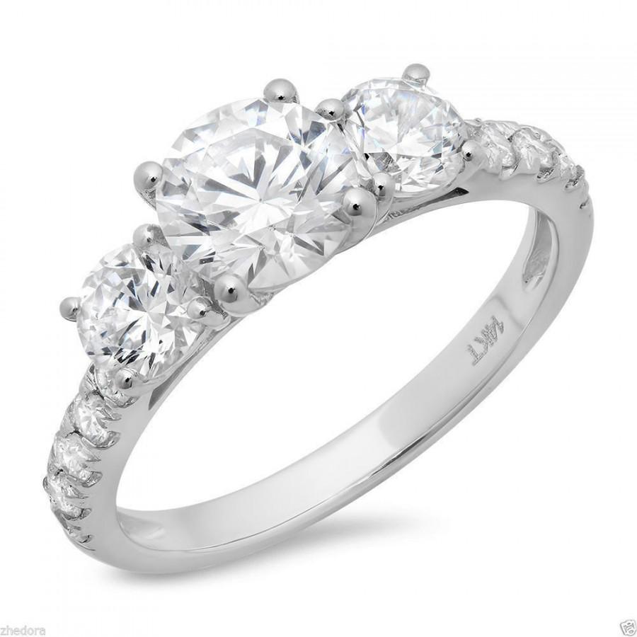 Hochzeit - 2.0 CT Three Stone Round Accent Engagement Wedding Ring 14K or 18k White Gold Bridal , Unique Engagement Ring, Bridal Ring, Anniversary Ring