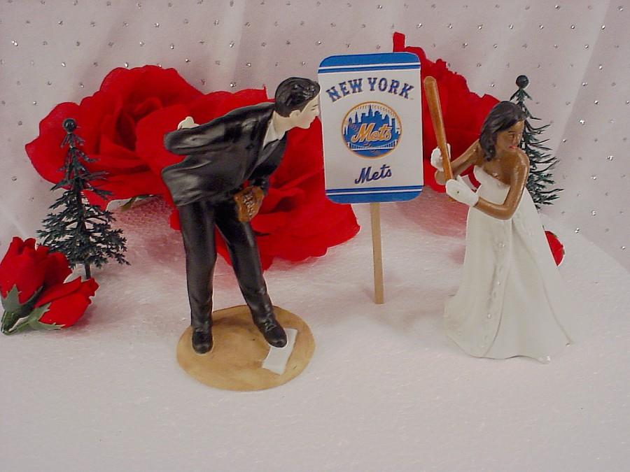 Wedding - NY Mets Baseball Wedding Cake Topper Fun Couple Ready To Hit A Home Run Pitcher Groom Ethnic AA Bride Batting Customized Sports Groom's Fan