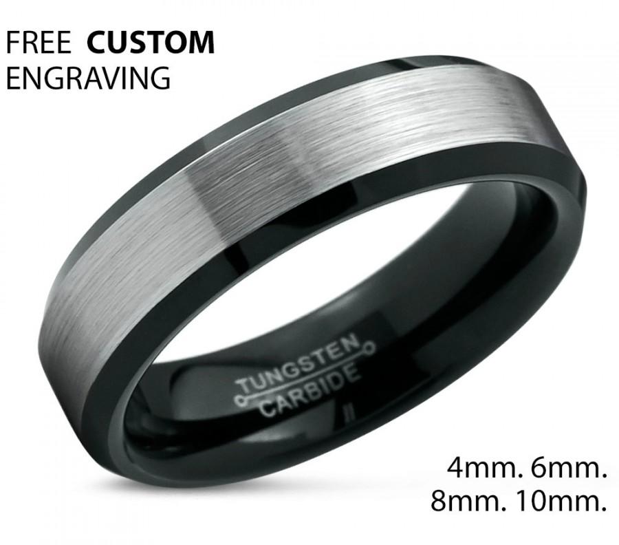 زفاف - Tungsten Ring Mens Brushed Silver Black Wedding Band Tungsten Ring Tungsten Carbide 6mm Tungsten Ring Man Male Women Anniversary Matching