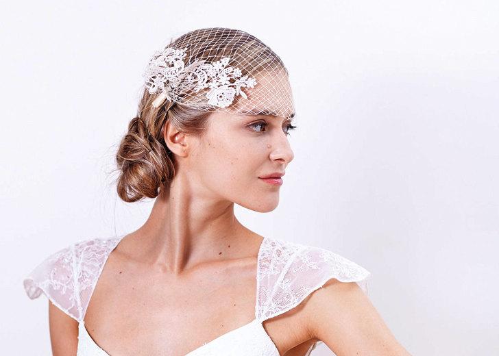 Wedding - Bridal wedding lace veil, Bride Birdcage veil, Ivory hair accessories