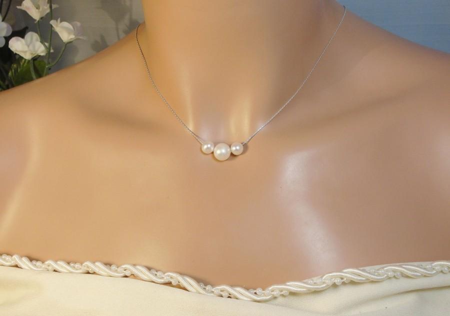 Wedding - Pearl Necklace, Solid Sterling Silver, Graduated 3 AAAA Freshwater Pearls, & Fine Sterling Silver  Chain Necklace, Freshwater Pearl Necklace