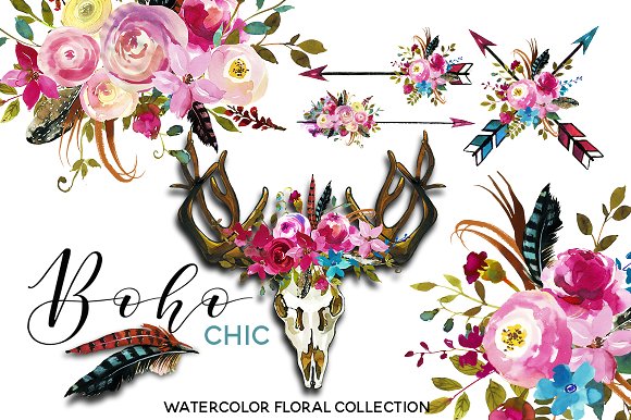 Mariage - Boho Chic Watercolor Flowers Set