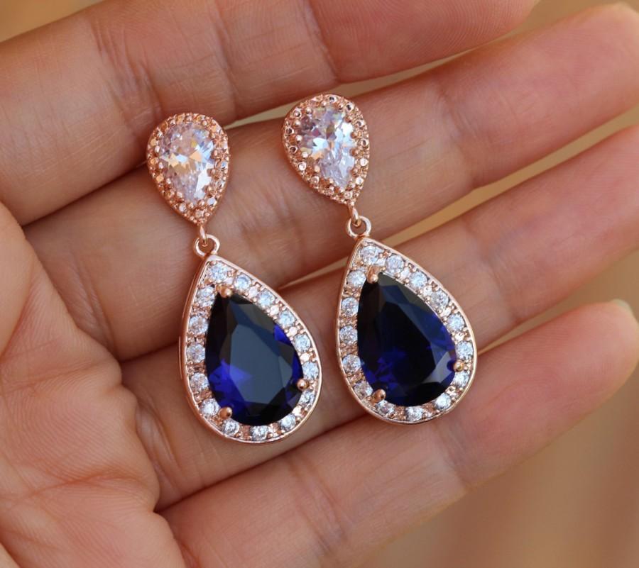 زفاف - rose gold earring sapphire earrings rose gold blue earrings bridal earring bridal jewelry wedding earring bridesmaid earring