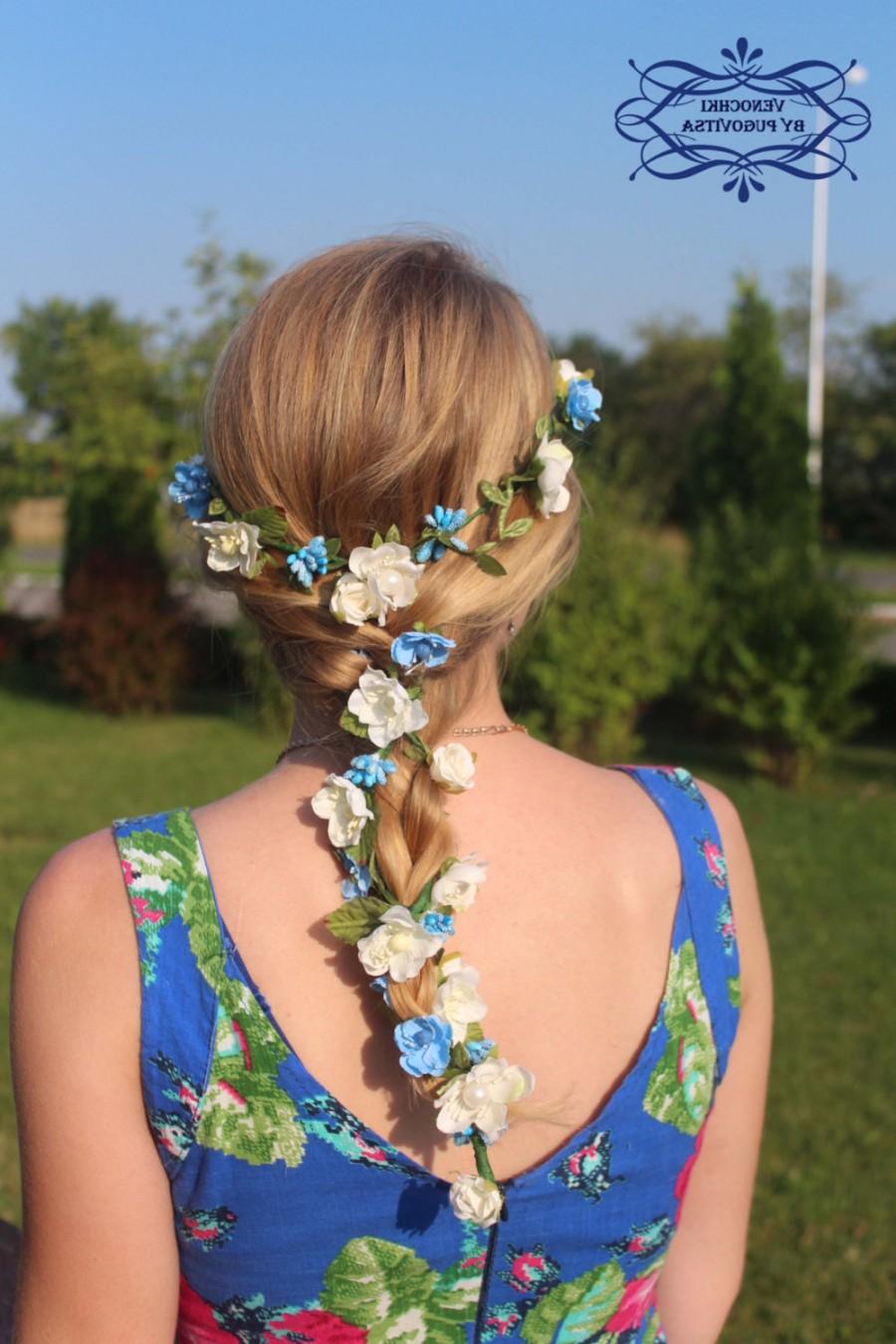 Hochzeit - flower crown Wedding flower vine flower hair vine floral hair vine, Flower Hair Garland flower hair clip blue bridal hair pieces for wedding