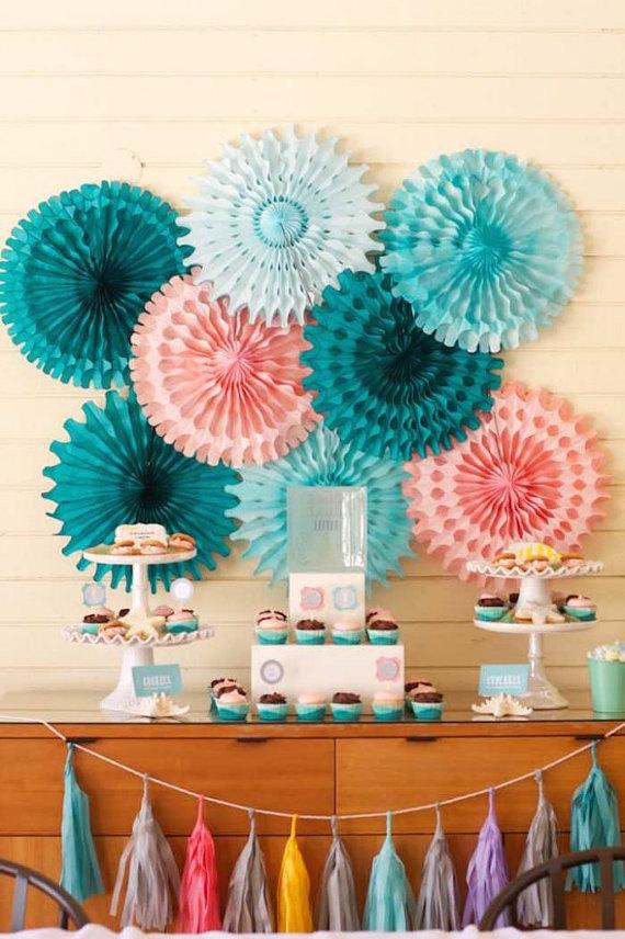 Hochzeit - Large tissue fans set of 8 coral teal aqua light blue 18" paper fans for photo backdrop or table backdrop