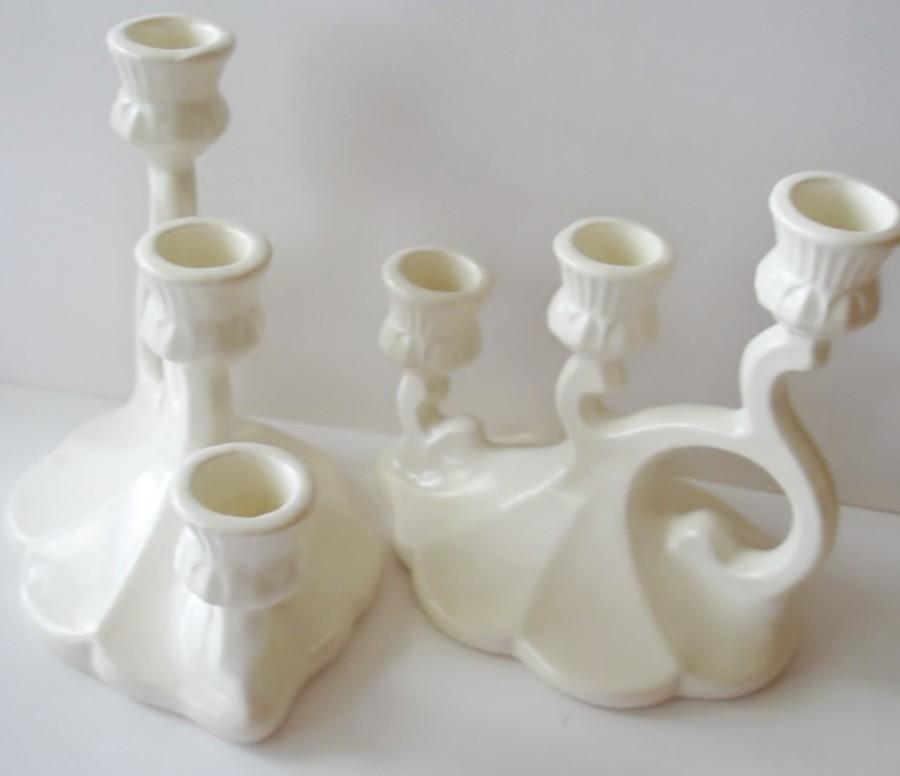 Mariage - Weddings Decor - Candle Holder Set -Three Tier -  White High Gloss Glaze-   Mark 408 Vintage Pottery