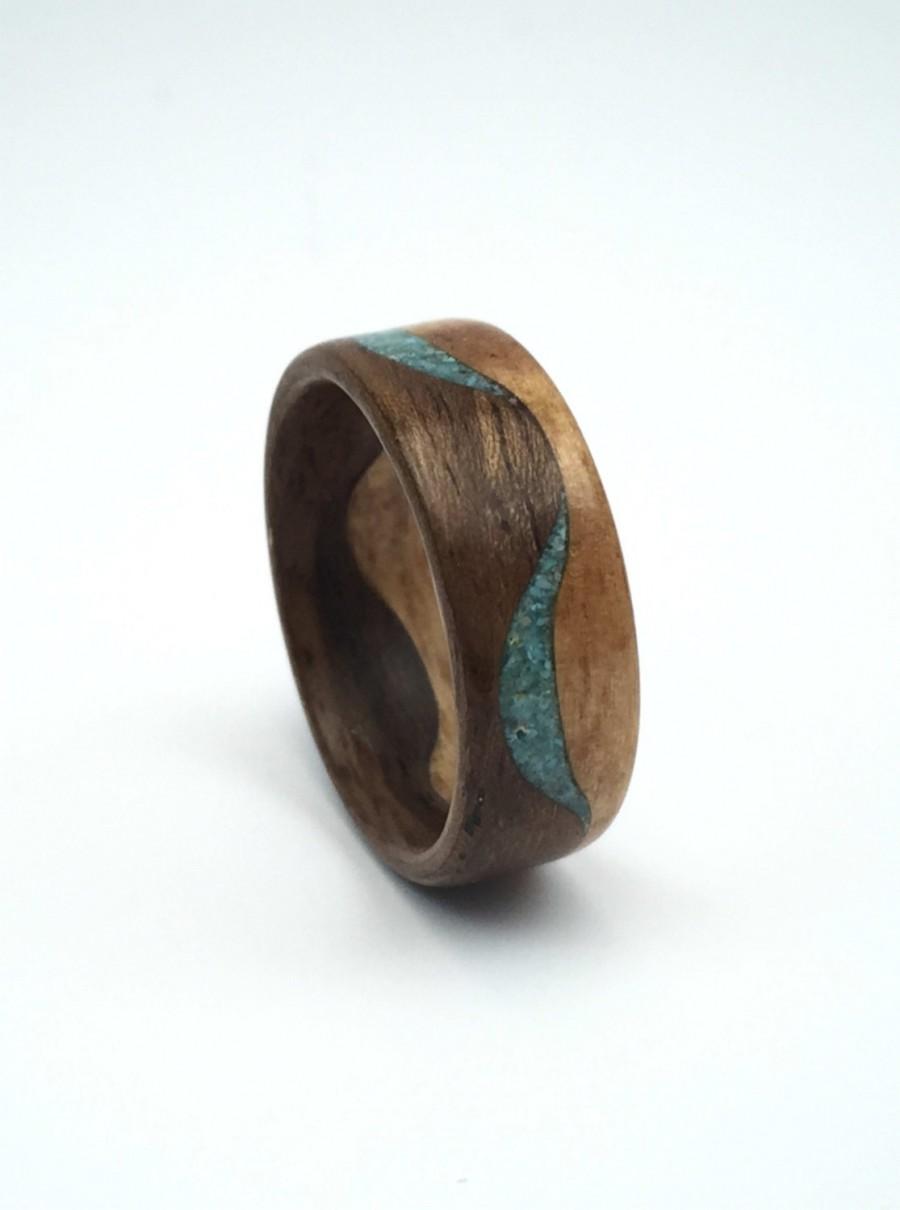 زفاف - Wooden Ring Handcrafted In two kind of  Walunt wood with Offset Turquoise Inlay