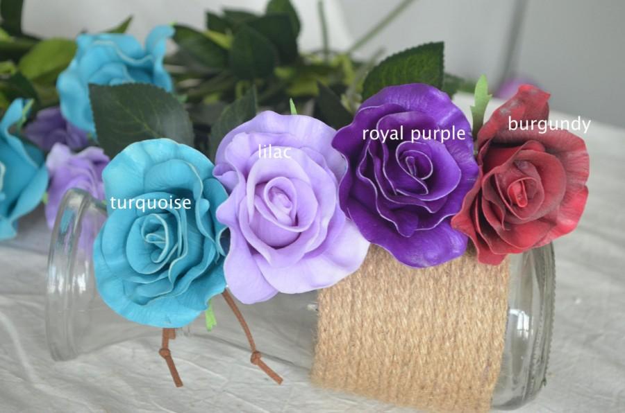 Mariage - PU Roses Turquoise Burgundy Lilac Royal Purple Real Touch Roses Single Stems For Silk bridal Bouquet Wedding Centerpices