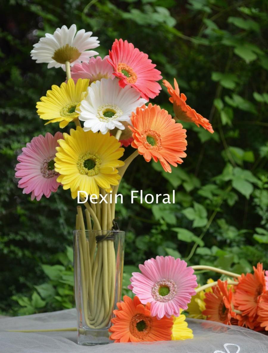 Mariage - Natural Real Touch Artificial Silk Gerbera Daisy White/Turquoise Blue Single Stem for Wedding Bridal Bouquets, Centerpieces