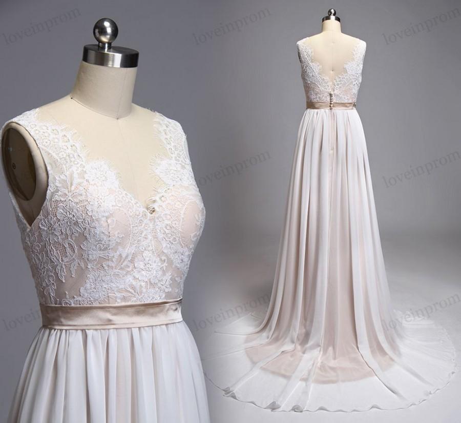 Свадьба - Backless V Open Lace Wedding Dress Handmade Ivory Champagne Chiffon Vintage Long Wedding Gown/Bridal Dress,Plus Size Dresses For Wedding