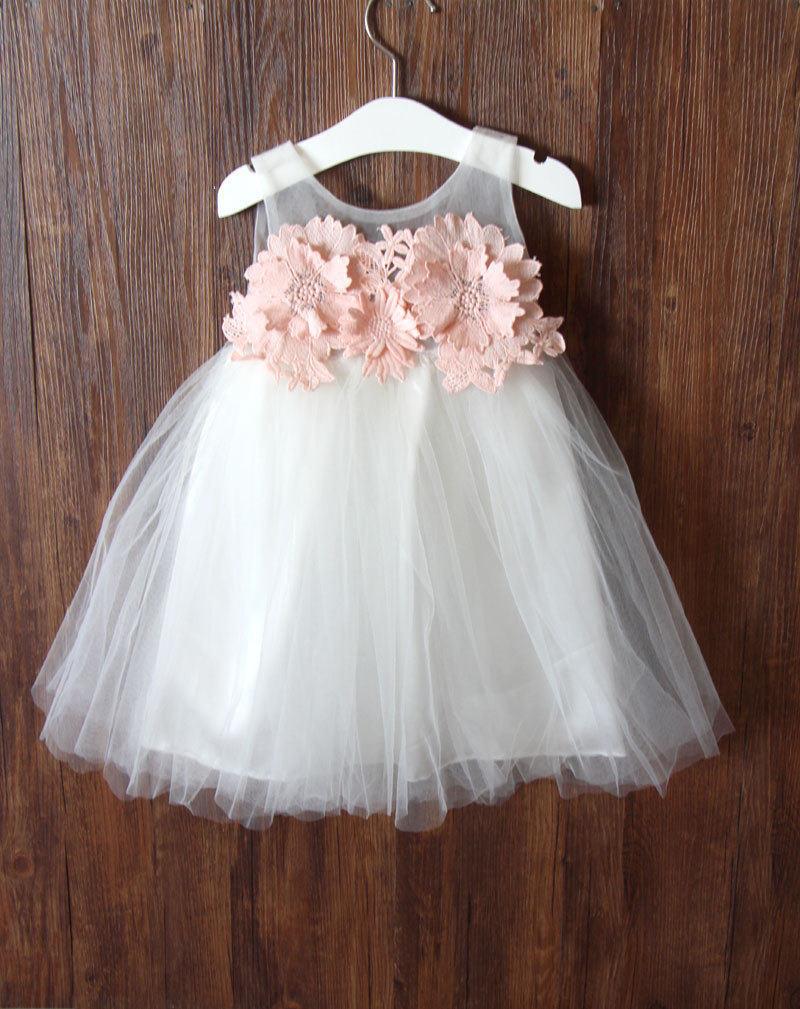 Wedding - Blush Pink Lace Flower Girl Dress(Sophia Dress) - Rustic Country Flower Girl tulle Dress – Girls Birthday dress-Flower Girl Gift