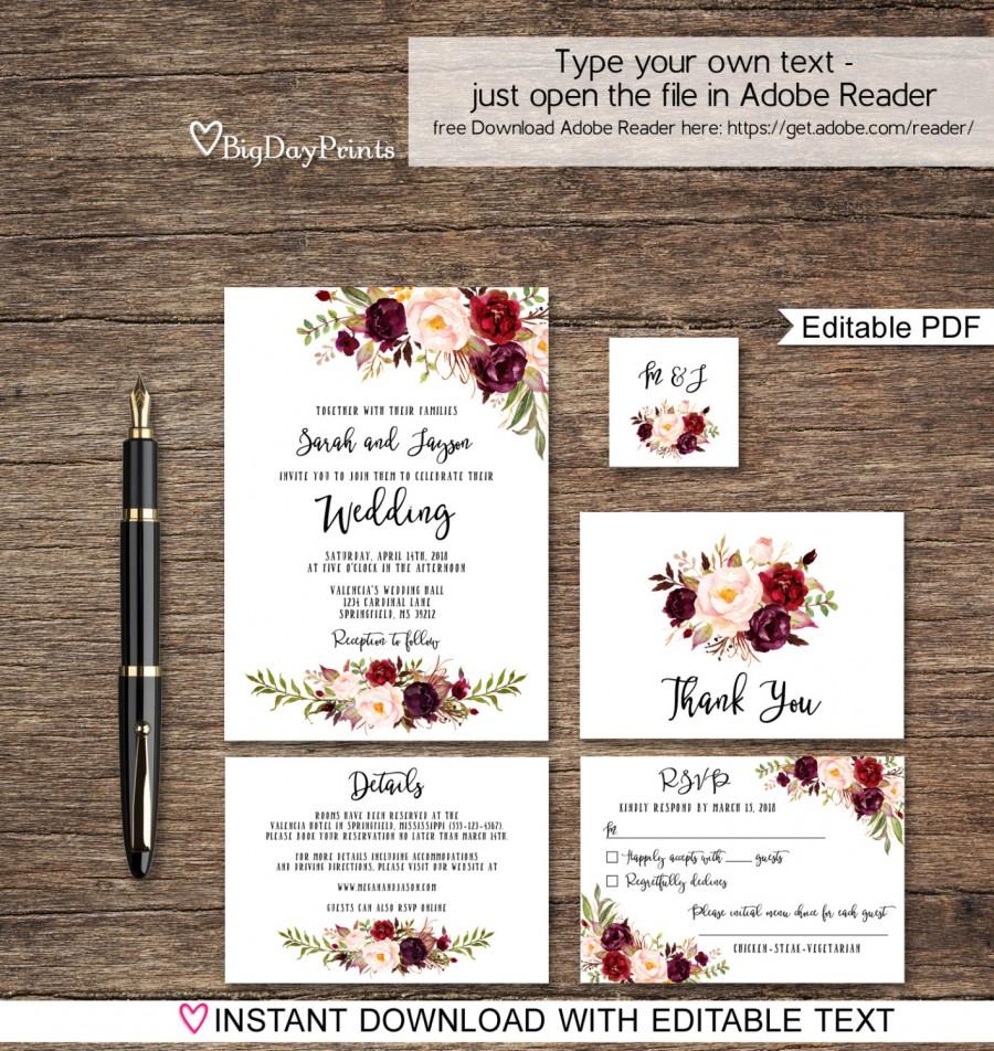 Свадьба - Floral Wedding Invitation Template, Boho Chic Wedding Invitation Suite, Wedding Set, #A024A, Editable PDF - you personalize at home.