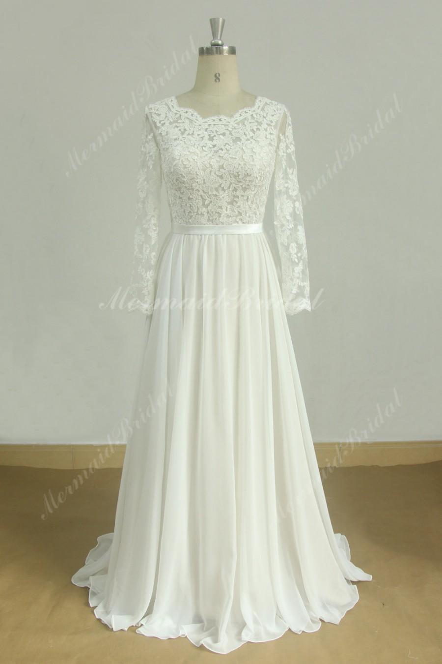 زفاف - Romantic A line vintage chiffon lace wedding dress with nude lining and long sleeves